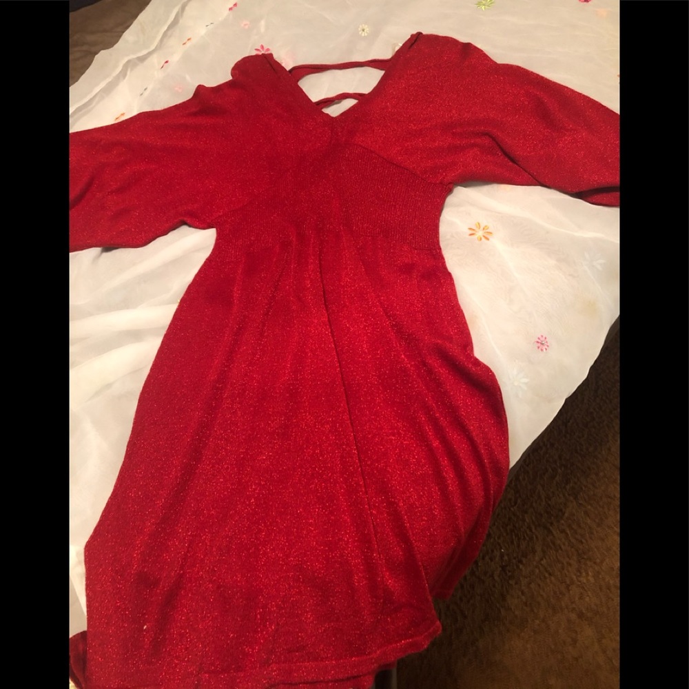 Red shimmer dress with cross cross pattern in back